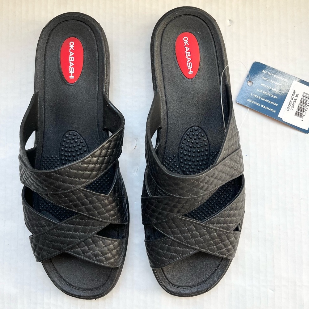 NWT Okabashi Womens Cross Strap Slide Sandals in Black. Size M/L. Women’s Sz 8-9